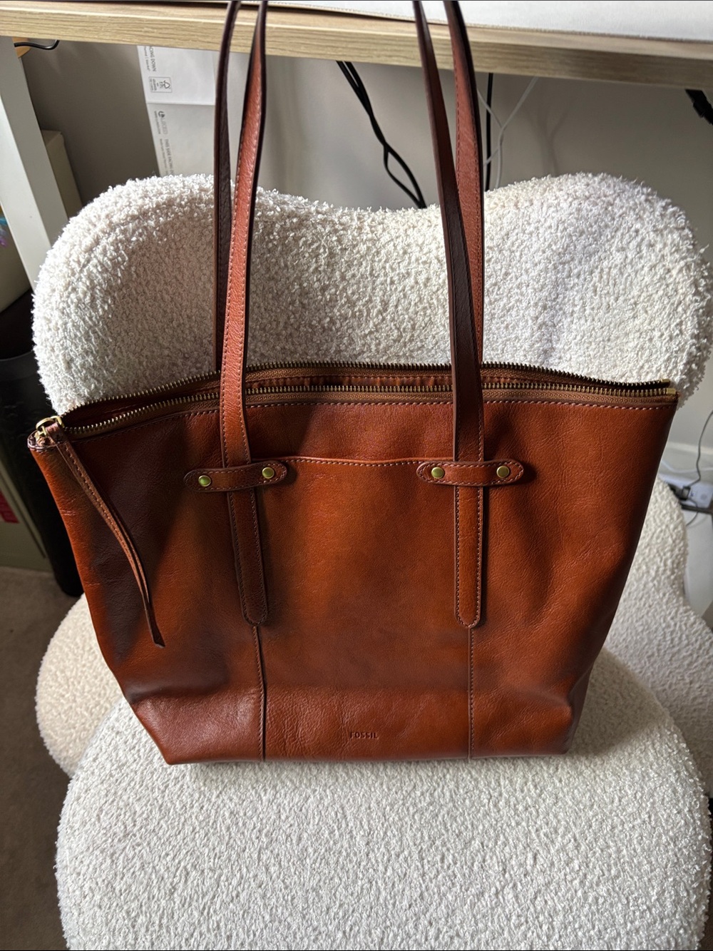 Fossil Leather Tote in Cognac Brown